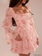 Lantern Sleeve Square Floral Dress