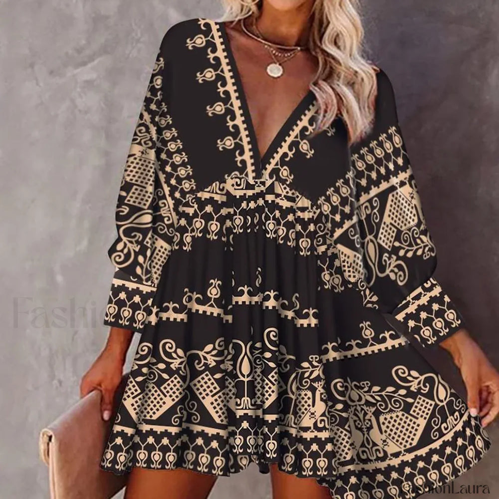 Lantern Sleeve Swing Boho Dress Black / S