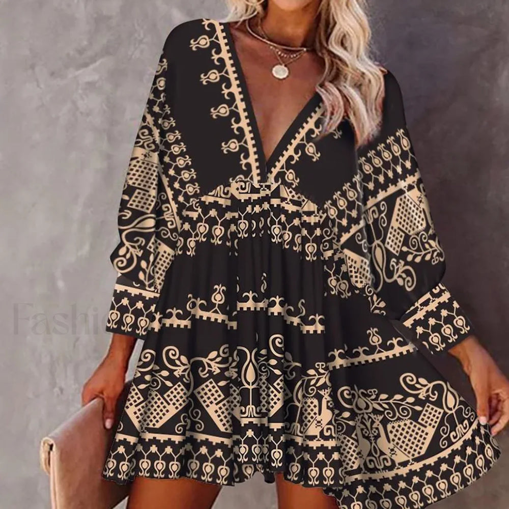 Lantern Sleeve Swing Boho Dress Black / S