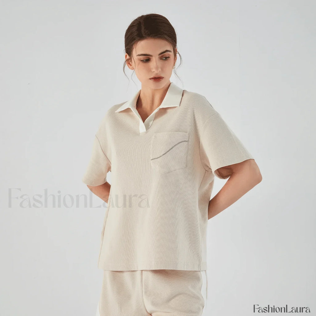 Lapel Combed Cotton Casual T Shirt apricot / S