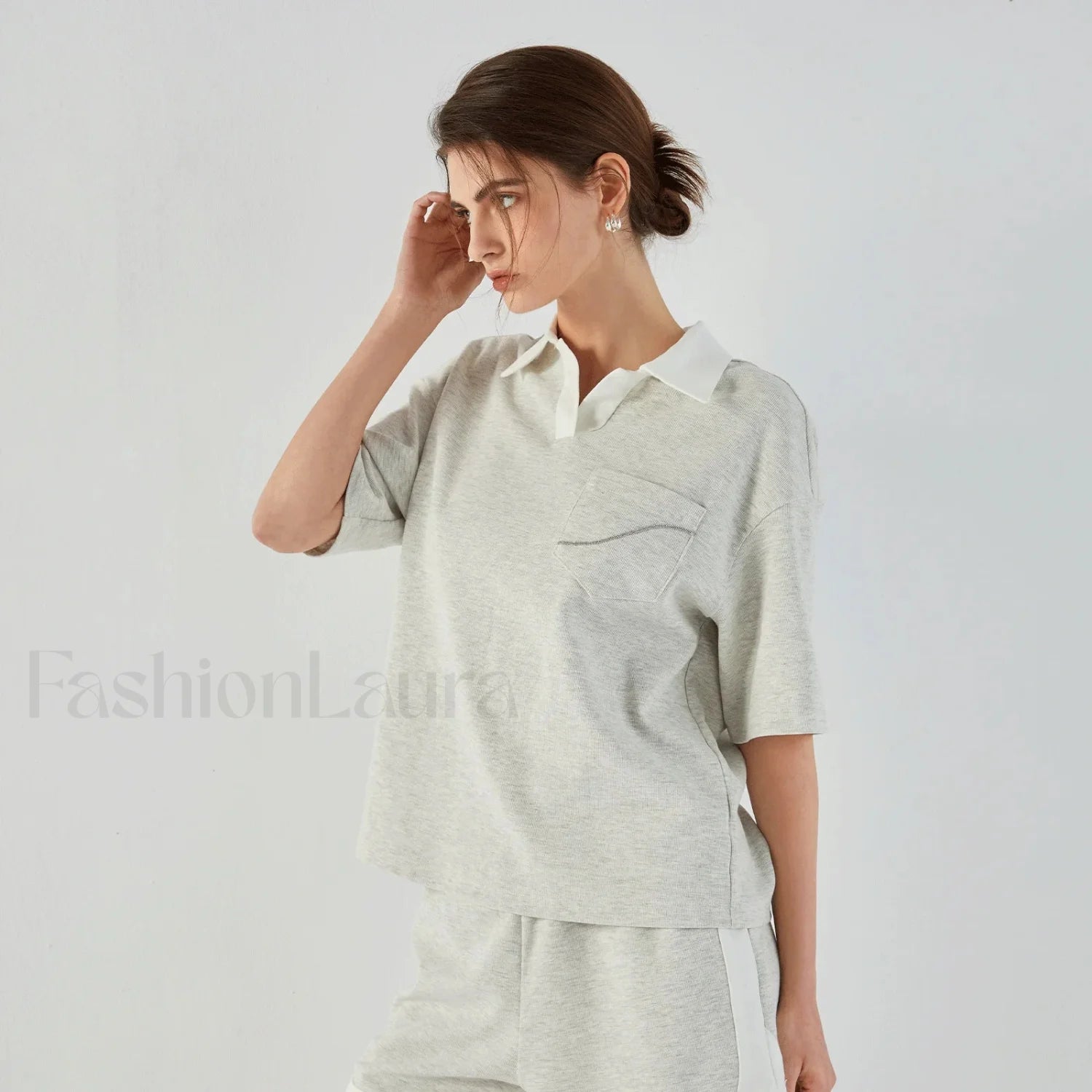 Lapel Combed Cotton Casual T Shirt light gray / S Main image