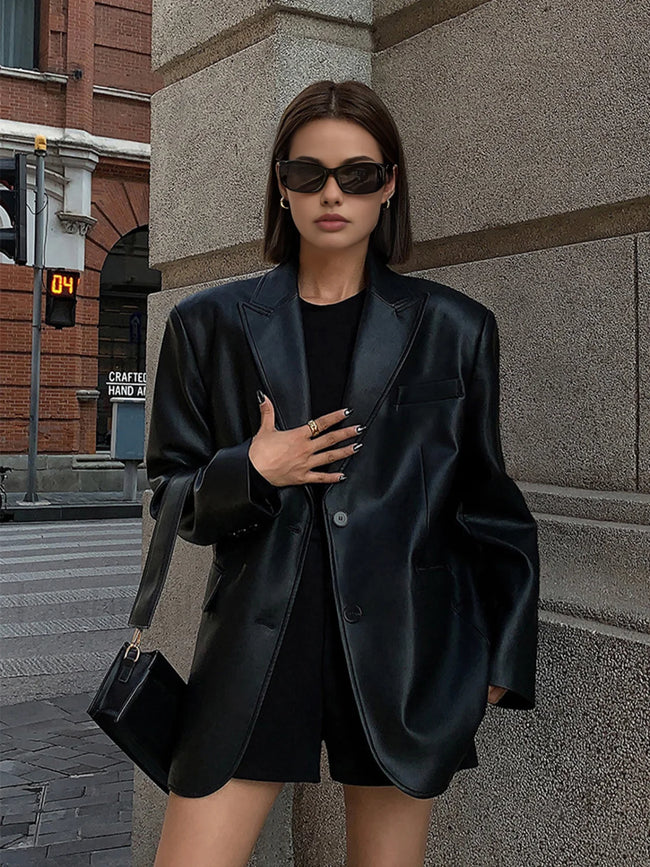 Lapel Pockets Leather Blazer Black / XS Blazers Main image