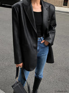 Lapel Pockets Leather Blazer Blazers