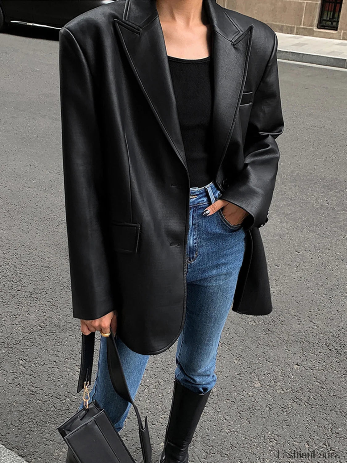 Lapel Pockets Leather Blazer Blazers