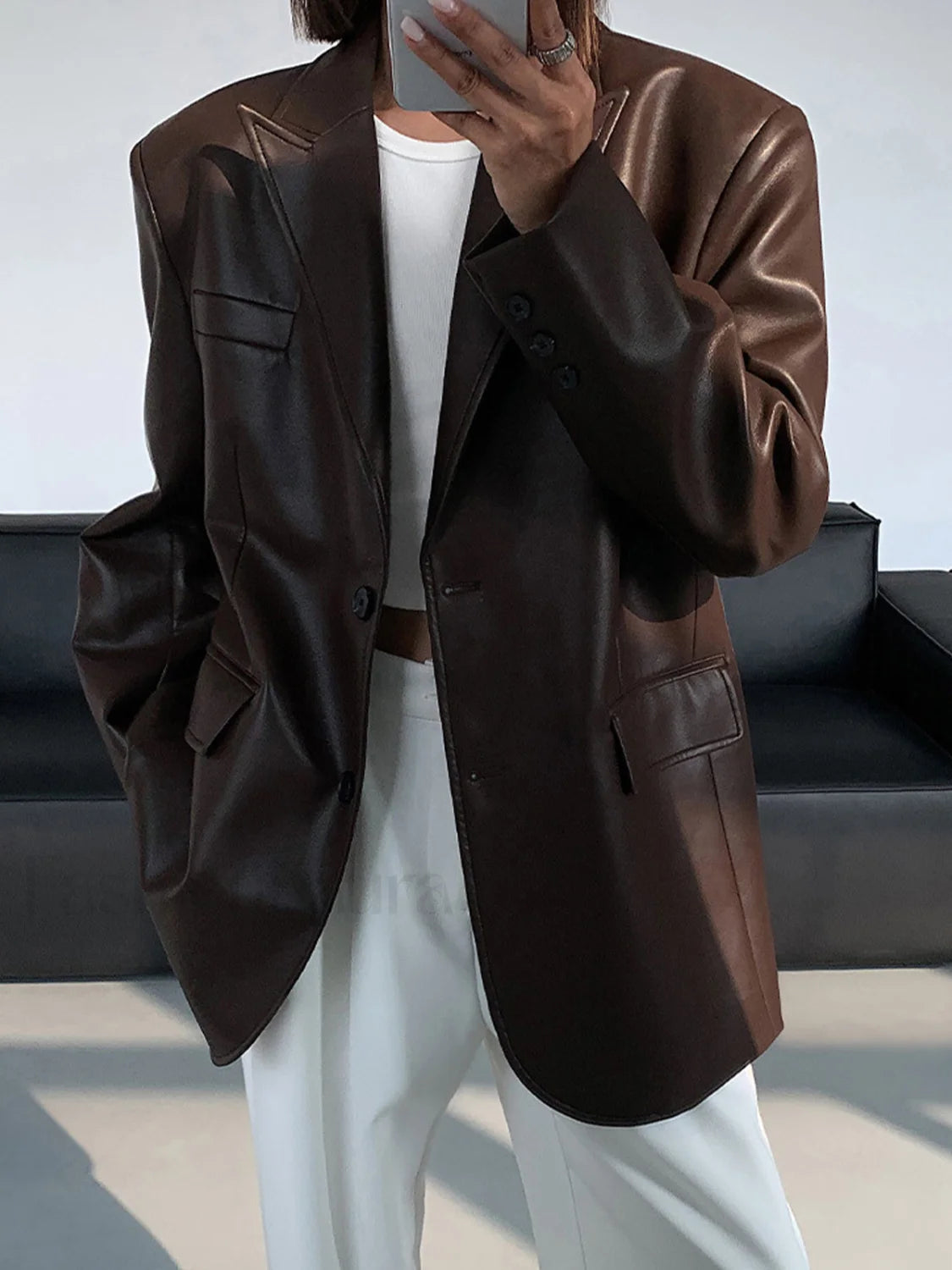 Lapel Pockets Leather Blazer Blazers