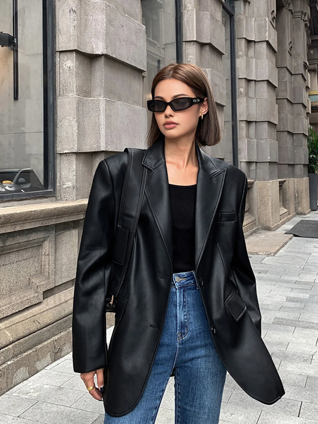 Lapel Pockets Leather Blazer Blazers