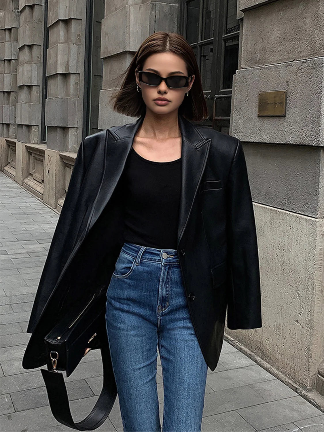 Lapel Pockets Leather Blazer Blazers
