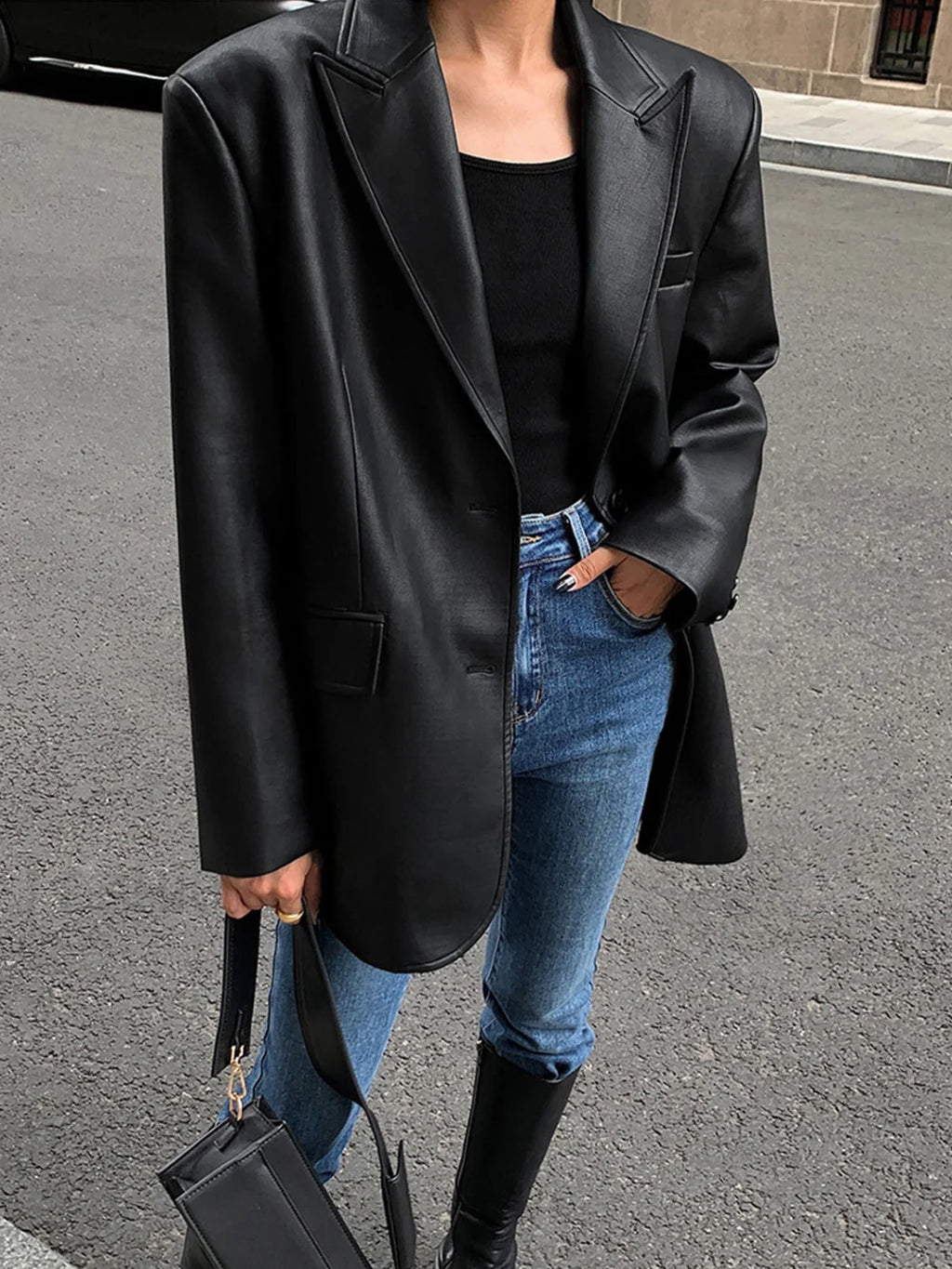 Lapel Pockets Leather Blazer Blazers