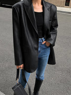 Lapel Pockets Leather Blazer Blazers
