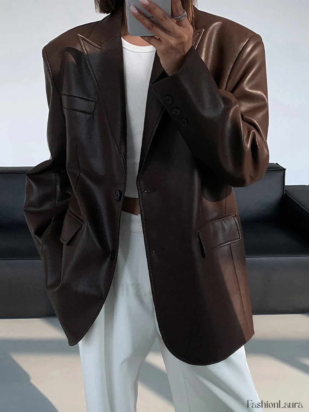 Lapel Pockets Leather Blazer Blazers