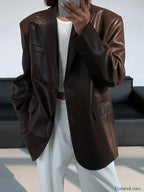 Lapel Pockets Leather Blazer Blazers