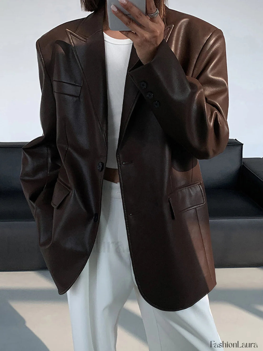 Lapel Pockets Leather Blazer Blazers