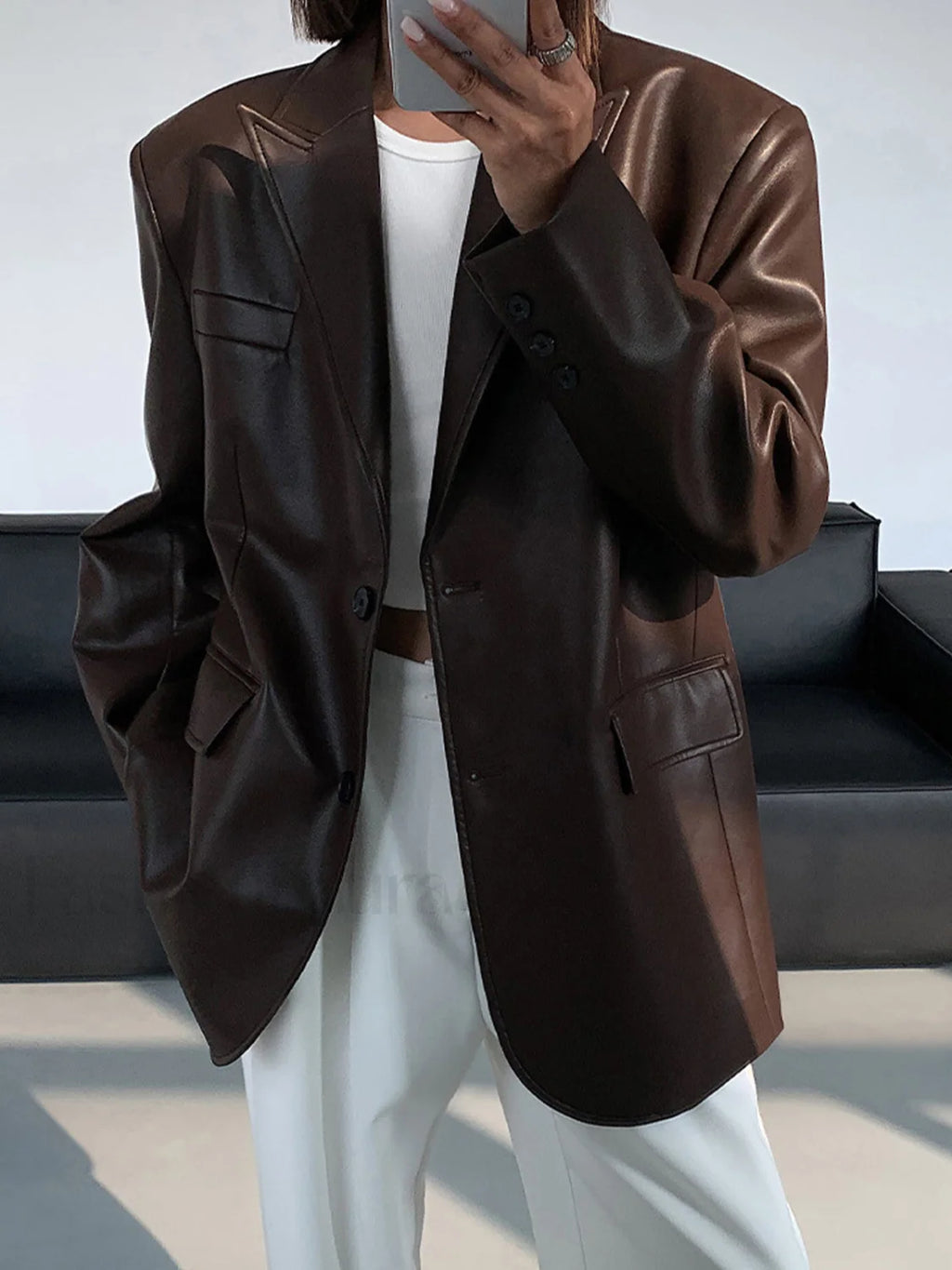 Lapel Pockets Leather Blazer Blazers