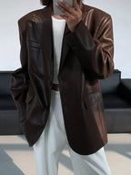 Lapel Pockets Leather Blazer Blazers