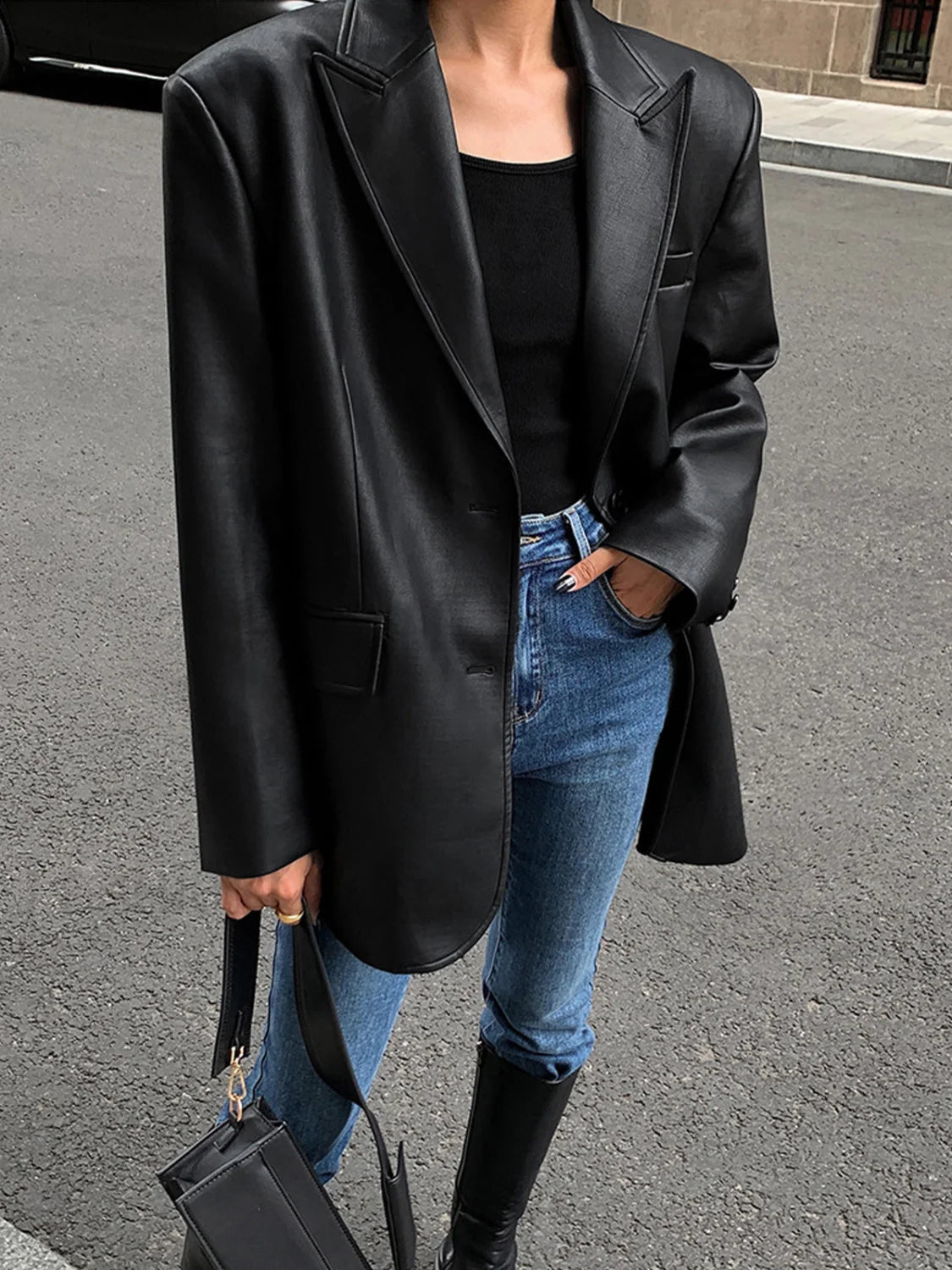 Lapel Pockets Leather Blazer Blazers