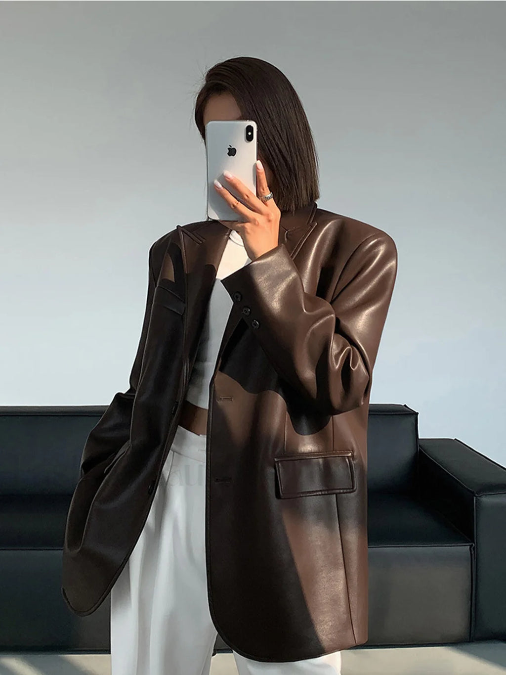 Lapel Pockets Leather Blazer Dark Brown / XS Blazers