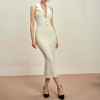Lapel Single Breasted Midi Dress Beige Gray White / S