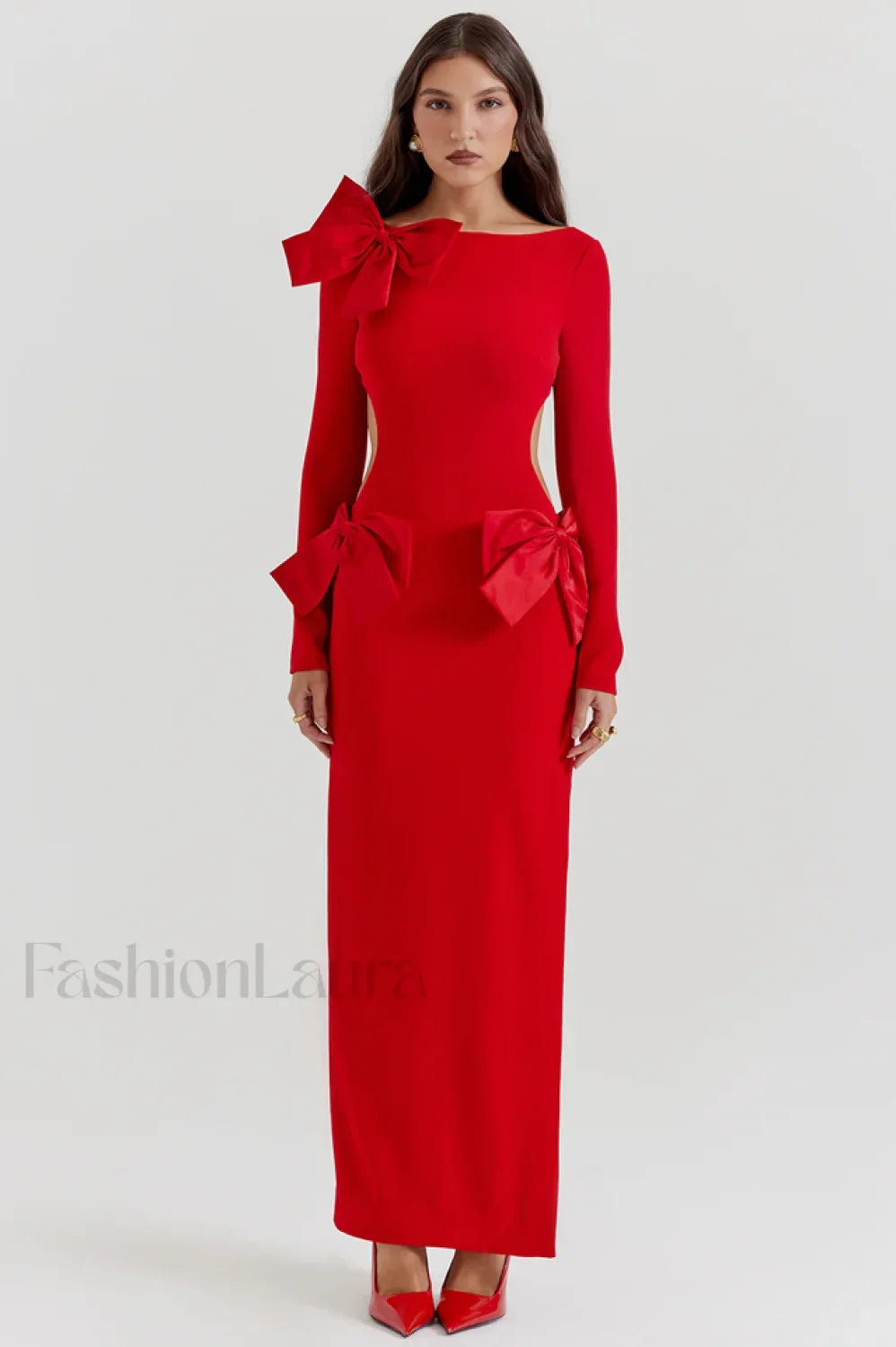 Lavele Red Stylish Bow Maxi Dress XS / Red Main image