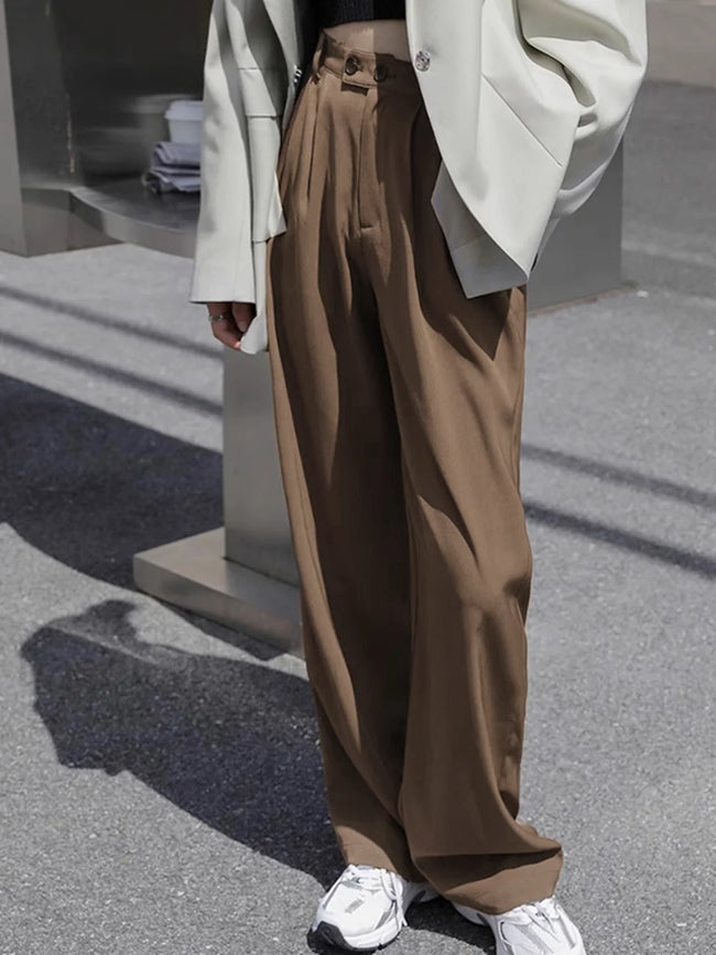 Lavish Style Pleat Trendy Wide Leg Pants Brown / XS Pants Main image