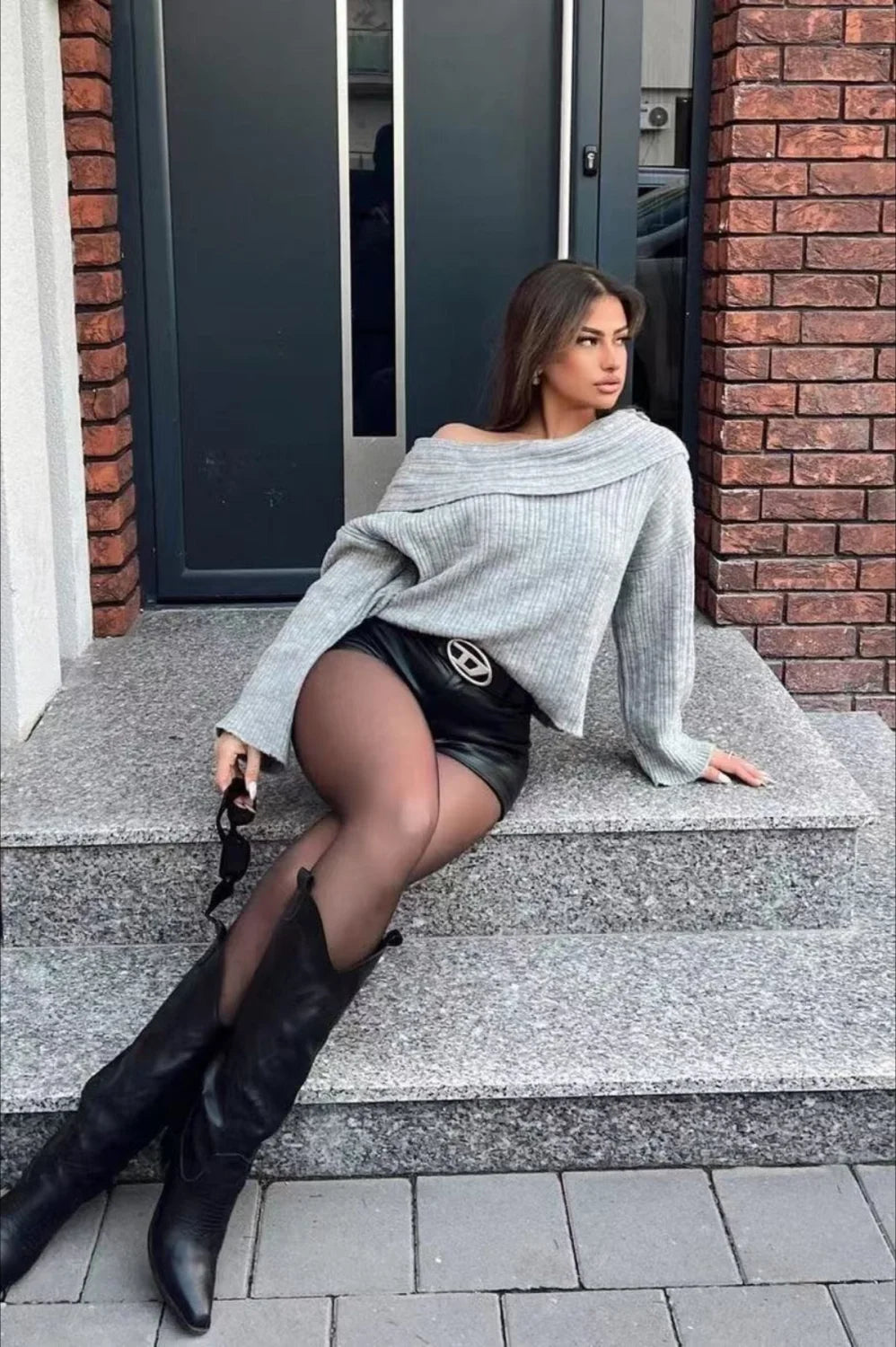 Lazy Chic Off-Shoulder Knit Sweater Light Gray / S