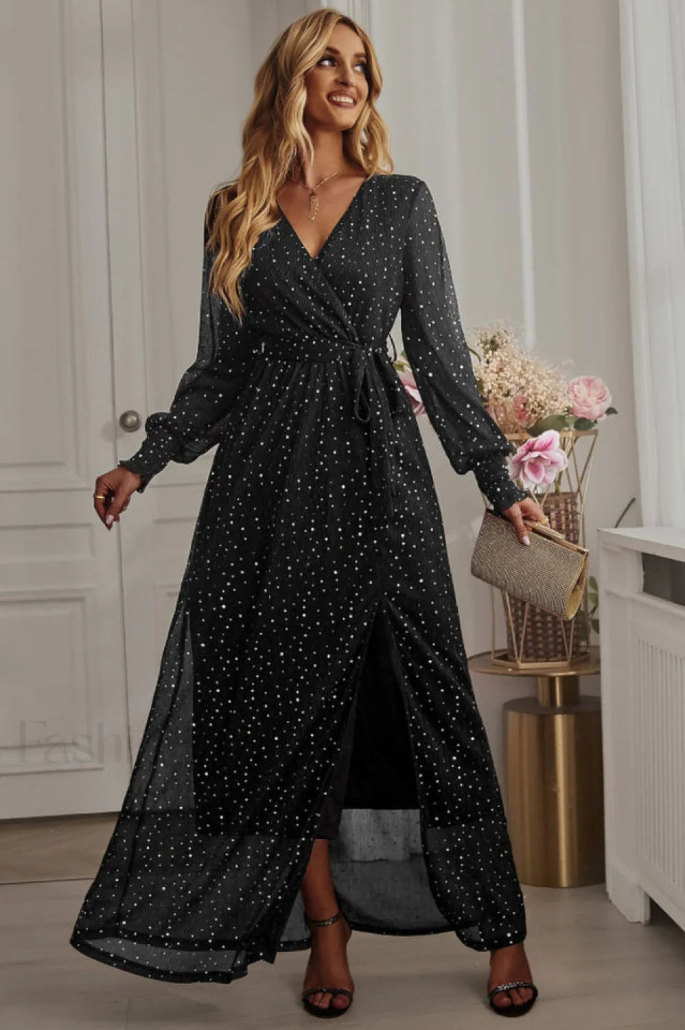 Leandra Front Split Charming Shimmer Maxi Dress