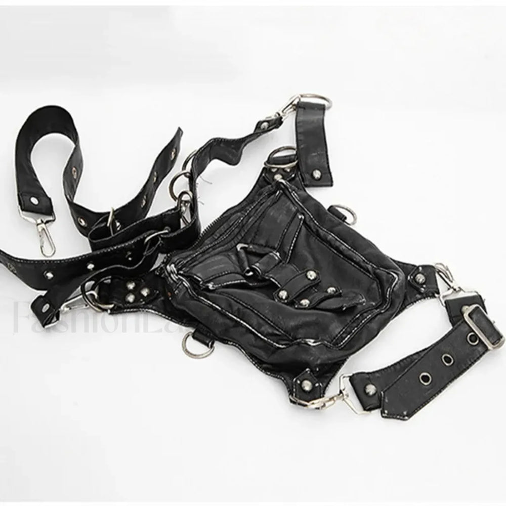 Leather Steam Punk Gothic Shoulder Waist Messenger Retro Women Bag BLACK