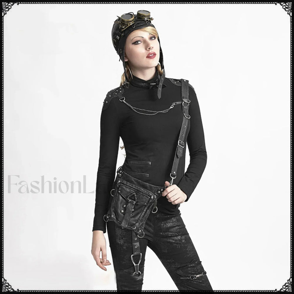Leather Steam Punk Gothic Shoulder Waist Messenger Retro Women Bag BLACK