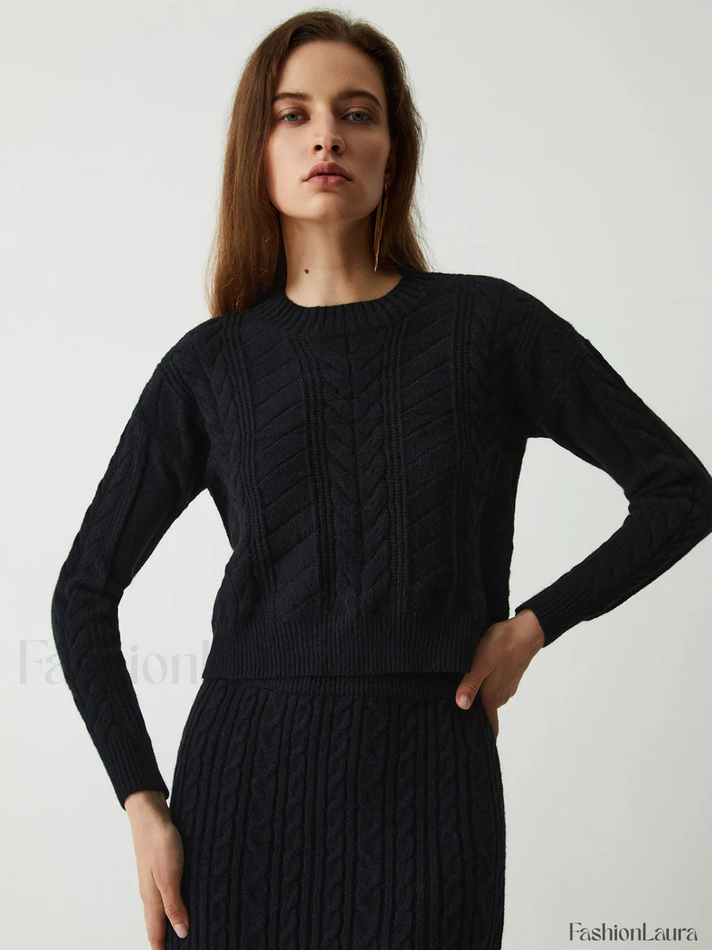 Leisure Cable Knit Long Modern Sleeve Two Piece Skirt Set Sweaters L