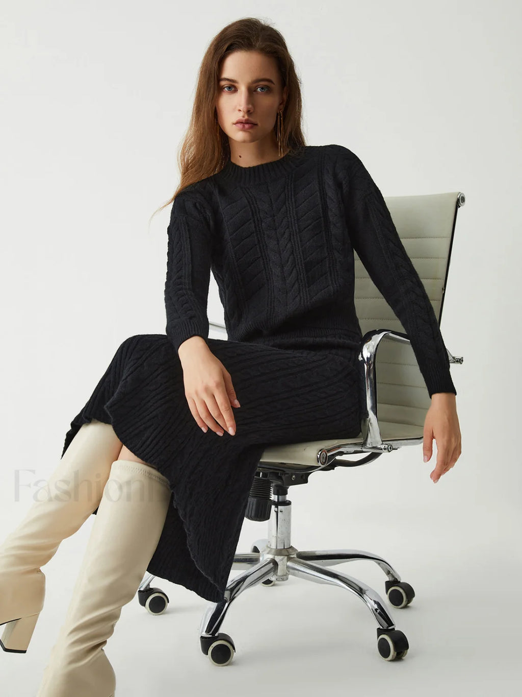 Leisure Cable Knit Long Modern Sleeve Two Piece Skirt Set Black / S Sweaters L