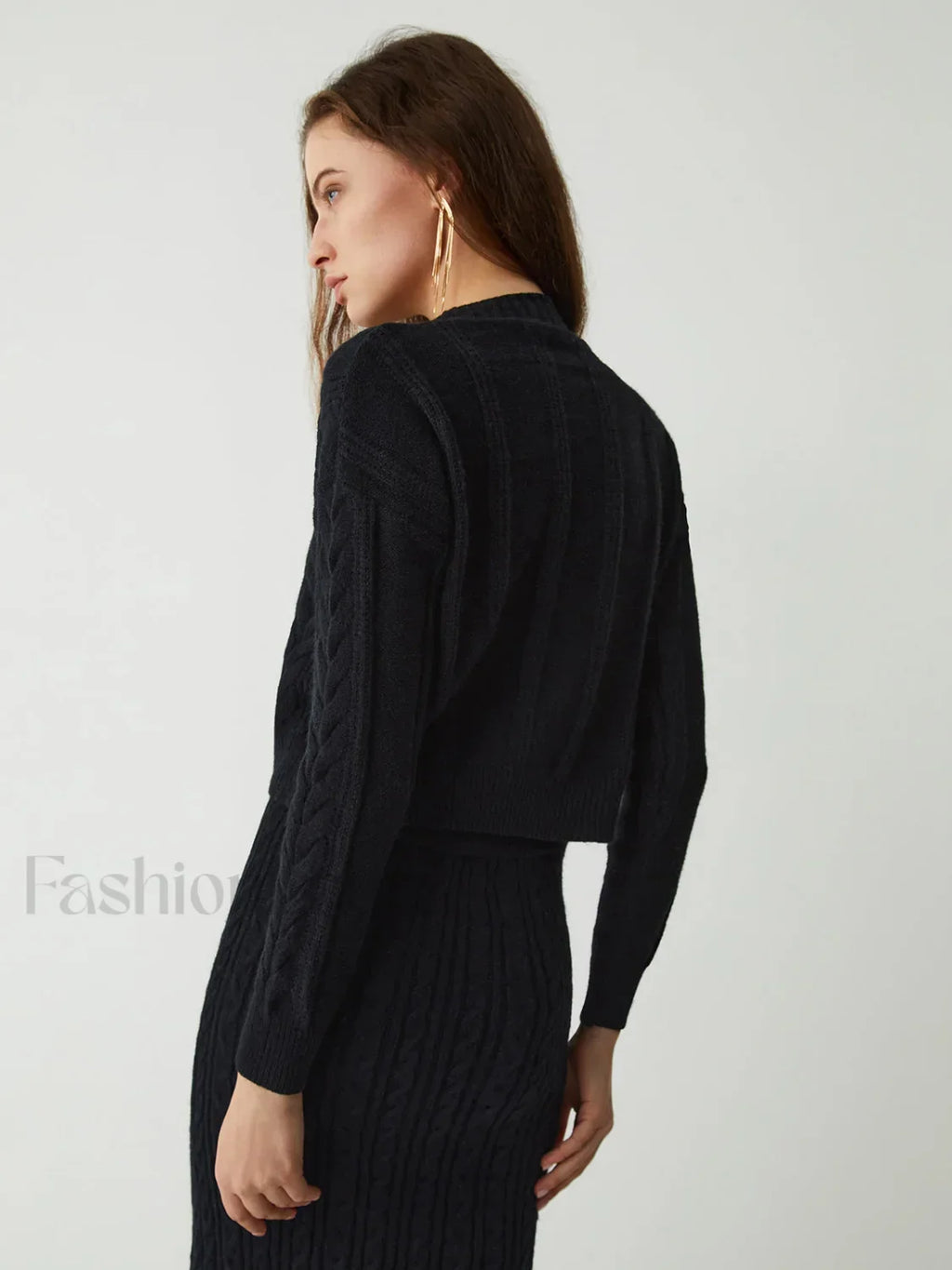 Leisure Cable Knit Long Modern Sleeve Two Piece Skirt Set Sweaters L