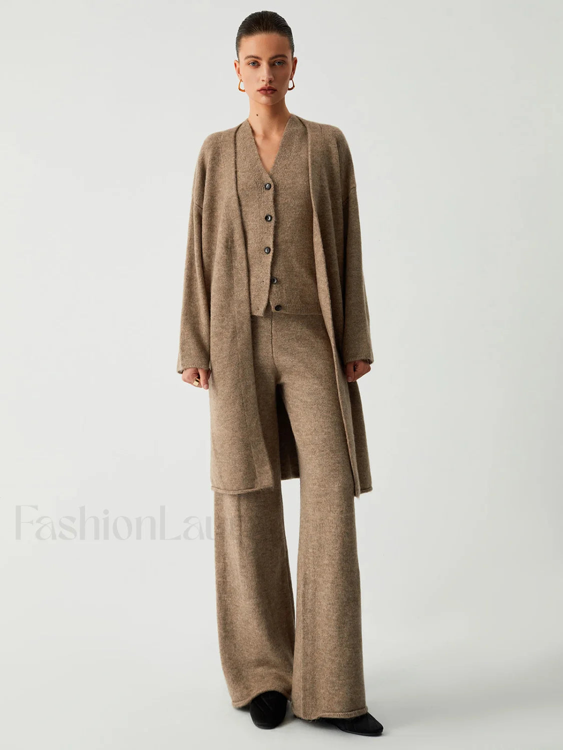 Leisure Long Cardigan Trendy Three Piece Pants Set Khaki / S Pant Sets Main image