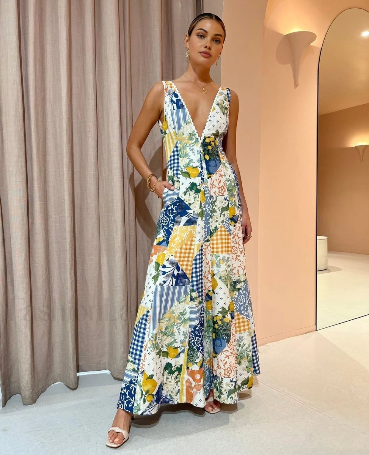 Lemonade Print Lace Trim Long Dress Secondary image