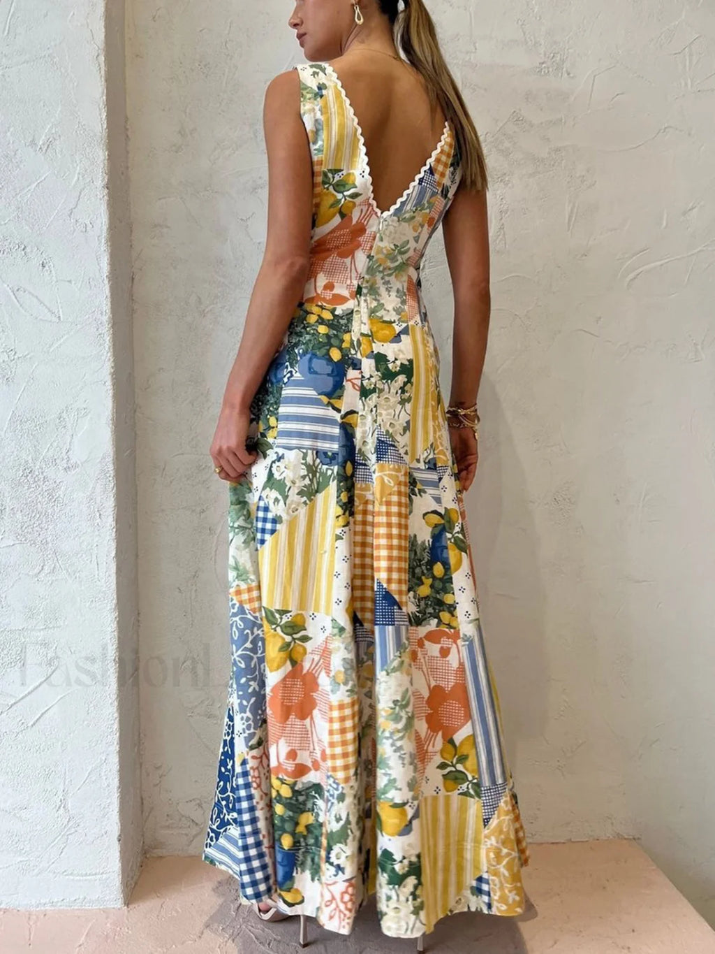 Lemonade Print Lace Trim Long Dress Dresses