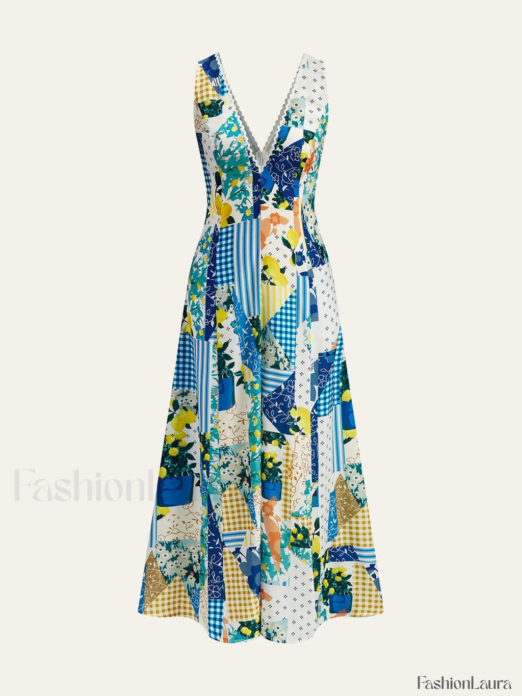 Lemonade Print Lace Trim Long Dress Dresses