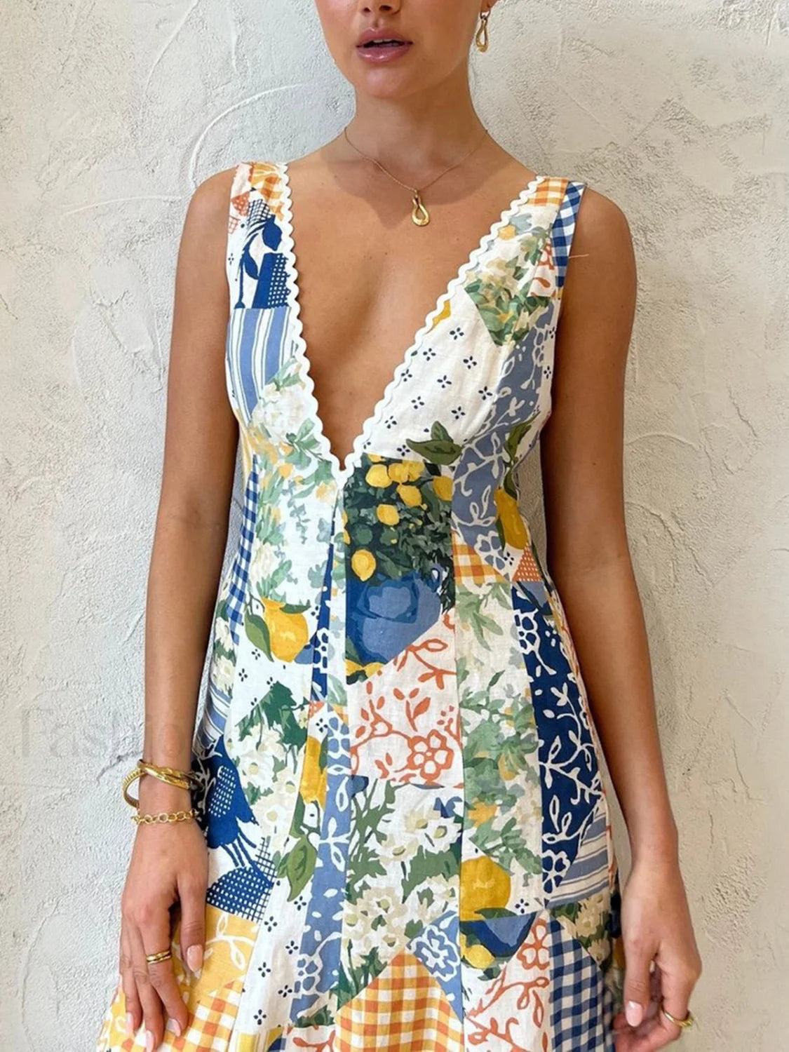 Lemonade Print Lace Trim Long Dress Dresses
