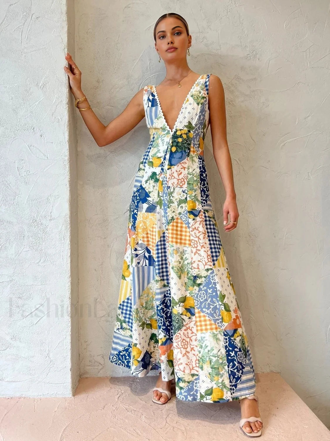 Lemonade Print Lace Trim Long Dress Multicolor / XS Dresses Main image