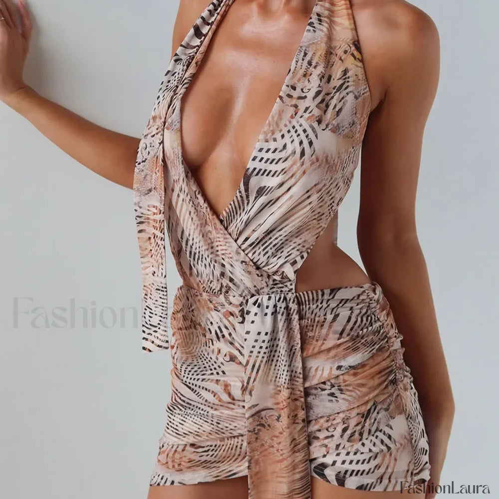 Leopard Deep V Halter Mini Dress