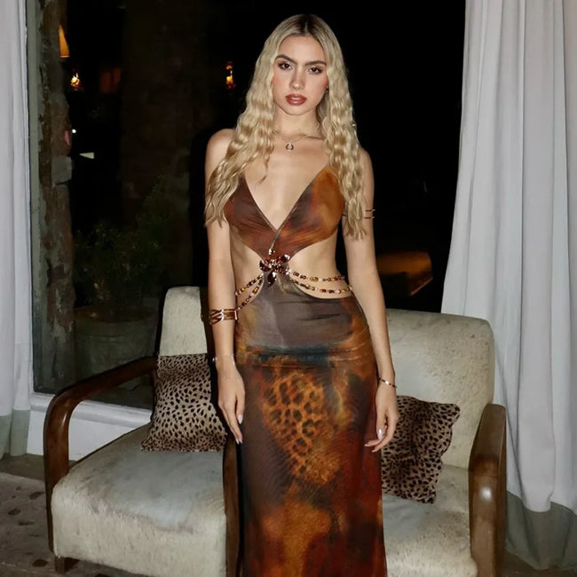 Leopard Deep V Neck Floral Dress Main image