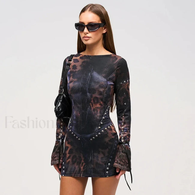 Leopard Flared Sleeve Mini Dress BLACK / S Main image