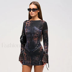 Leopard Flared Sleeve Mini Dress BLACK / S