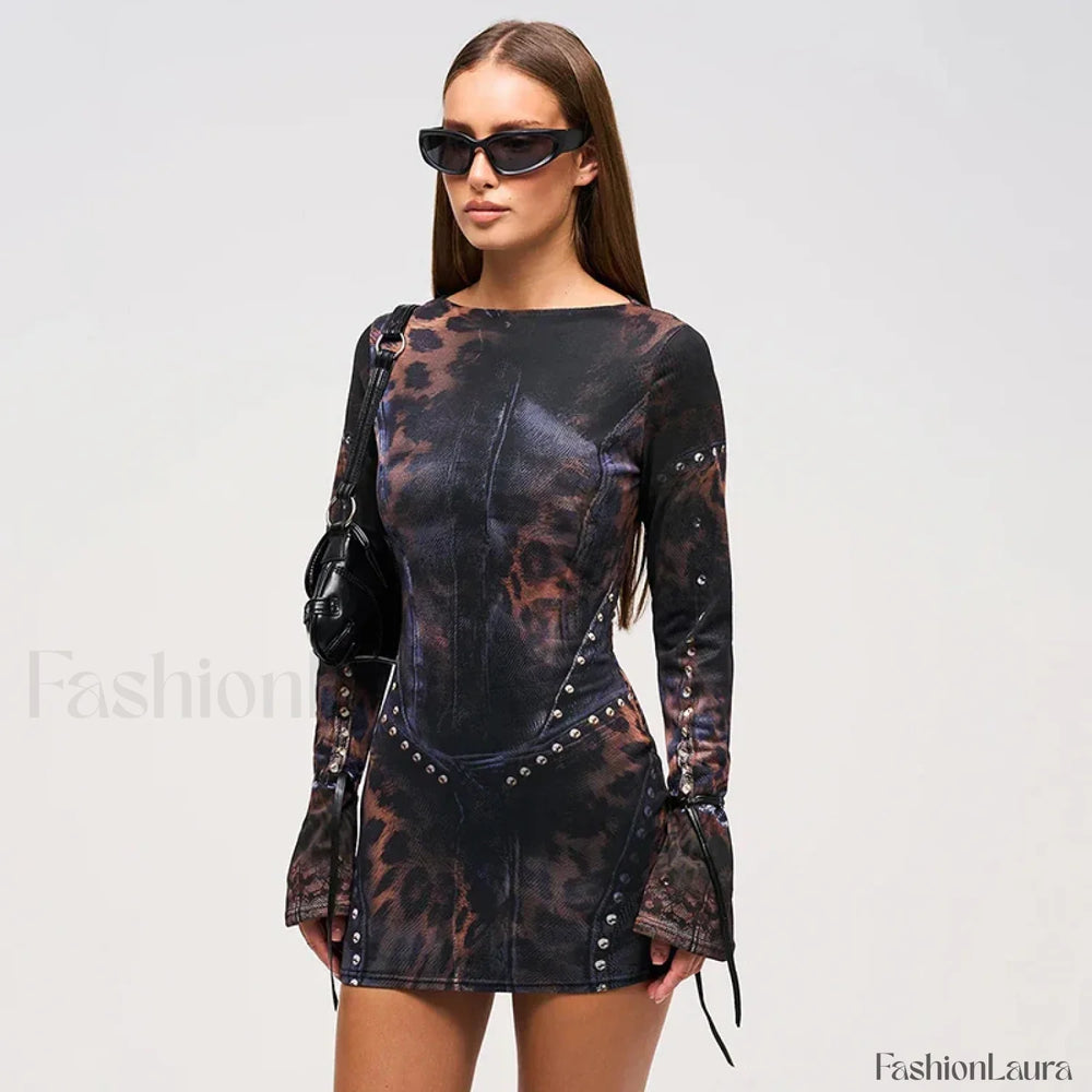 Leopard Flared Sleeve Mini Dress BLACK / S