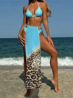 Leopard Halter Skirt Three Piece Set Sky Blue / S