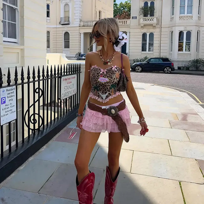 Leopard Lace Crop Top Skirt Set pink / S Main image