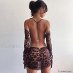 Leopard Mesh Tie Up Mini Dress Brown / S