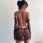 Leopard Mesh Tie Up Mini Dress Brown / S