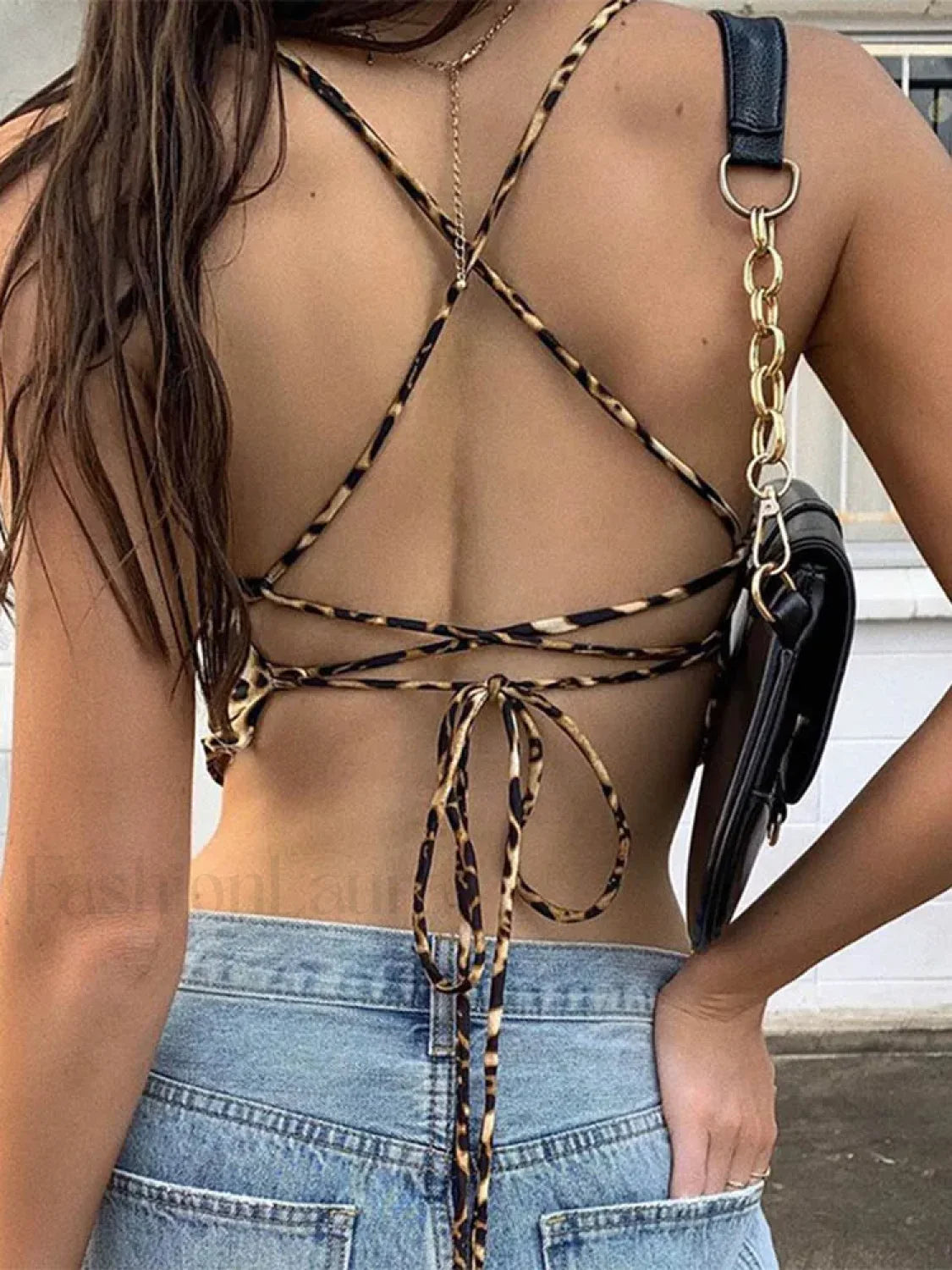 Leopard Pattern Backless Cross Lace Crop Top leopard print / One Size