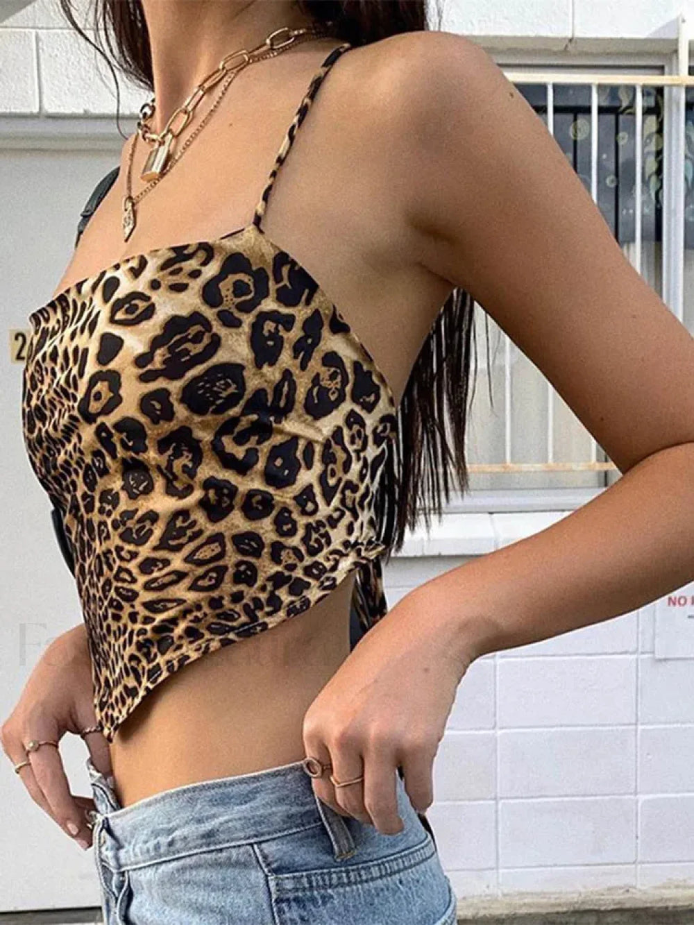 Leopard Pattern Backless Cross Lace Crop Top leopard print / One Size