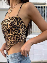 Leopard Pattern Backless Cross Lace Crop Top leopard print / One Size