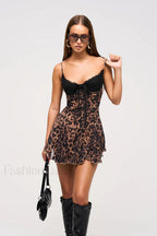 Leopard Print Cami Lace Trimmed A Line Mini Dress Leopard / S