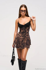 Leopard Print Cami Lace Trimmed A Line Mini Dress Leopard / S